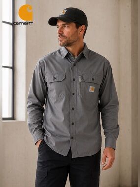 Carhartt Rugged Flex Work Shirt Gray Ripstop Button Front Men’s Medium